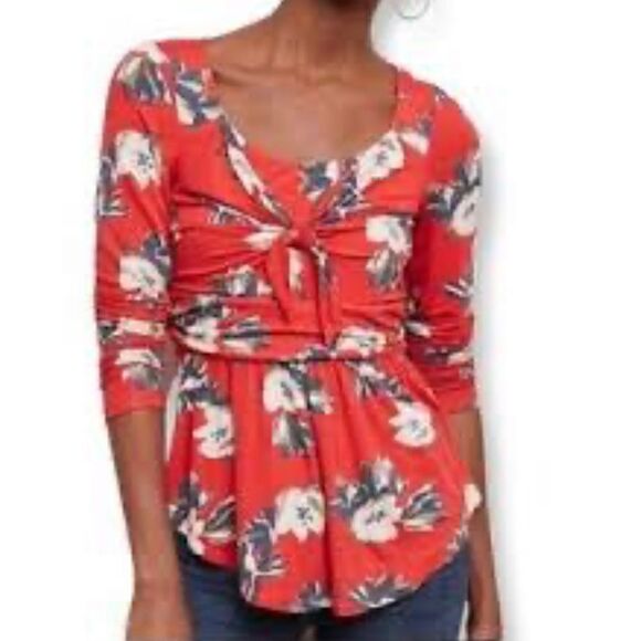 NEW Meadow Rue by Anthropologie Red Josalyn Floral Peplum Knotted Top Size Small - Picture 1 of 12